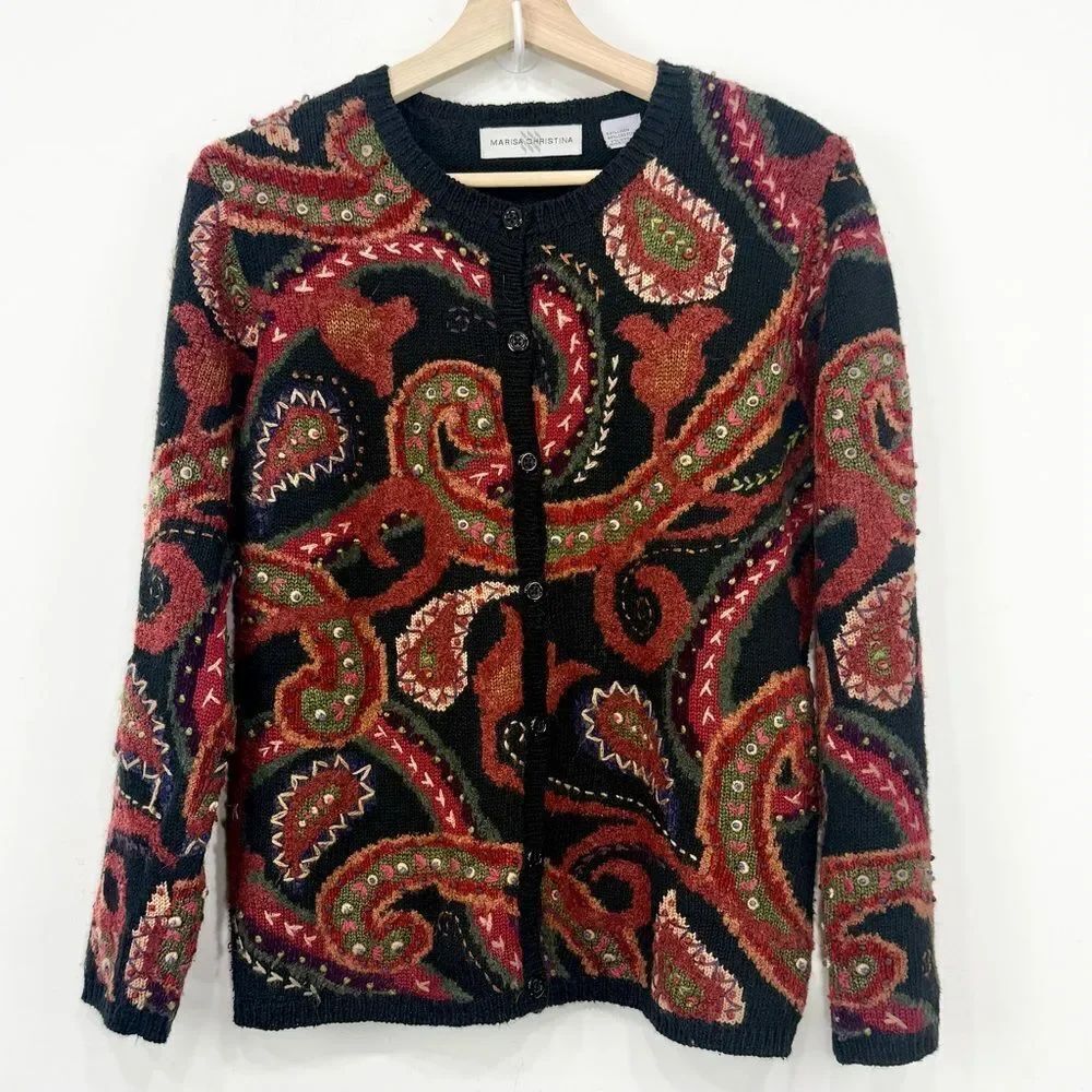 Marisa Christina Black Red Orange Embroidered Paisley Linen Knit Vintage Sweater